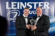 21 April 2012; Ross McAuley, Skerries RFC, Dublin, is presented with the Canterbury Club Player of the Year by Stuart Bayley, right, President, Leinster Branch. Leinster Rugby Awards Ball, Mansion House, Dawson St, Dublin. Picture credit: Brendan Moran / SPORTSFILE