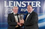21 April 2012; Kevin Kelleher, from St Conleth's College, is presented with Special Merit School award by Stuart Bayley, right, President, Leinster Branch. Leinster Rugby Awards Ball, Mansion House, Dawson St, Dublin. Picture credit: Brendan Moran / SPORTSFILE
