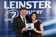 21 April 2012; Aisling O'Connor, from Ratoath, Co. Meath, is presented with the Supporter of the Year award by Leinster's Fergus McFadden. Leinster Rugby Awards Ball, Mansion House, Dawson St, Dublin. Picture credit: Brendan Moran / SPORTSFILE