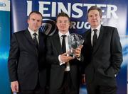 21 April 2012; Leinster's Brian O'Driscoll is presented with the Evening Herald Try of the Year award by Ian Mallon, left, and Stephen Rea, Editor, Evening Herald. Leinster Rugby Awards Ball, Mansion House, Dawson St, Dublin. Picture credit: Brendan Moran / SPORTSFILE