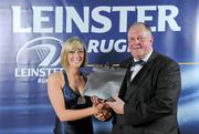 21 April 2012; Mary McMahon, from Old Belvedere RFC, Dublin, is presented with the Philips Ladies Club Person of the Year by Stuart Bayley, right, President, Leinster Branch. Leinster Rugby Awards Ball, Mansion House, Dawson St, Dublin. Picture credit: Brendan Moran / SPORTSFILE