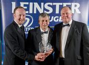 21 April 2012; Eddie Thornton, Terenure Colege RFC and UCD RFC, is presented with the Guinness Hall of Fame award by Rory Sheridan, left, Diageo Ireland, in the company of Stuart Bayley, President of the Leinster Branch. Leinster Rugby Awards Ball, Mansion House, Dawson St, Dublin. Picture credit: Brendan Moran / SPORTSFILE