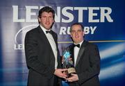 21 April 2012; Jarrod Bromley, right, President, OLSC, makes a special presentation to Shane Horgan on the occasion of his retirement. Leinster Rugby Awards Ball, Mansion House, Dawson St, Dublin. Picture credit: Brendan Moran / SPORTSFILE