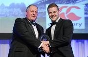 21 April 2012; Ross McAuley, right, captain, Skerries RFC, Dublin, receives the Canterbury Club Player of the Year award from Stuart Bayley, President, Leinster Branch. Leinster Rugby Awards Ball, Mansion House, Dawson St, Dublin. Picture credit: Brendan Moran / SPORTSFILE