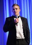 21 April 2012; Leinster's Ian Madigan reacts after winning the Powerade Young Player of the Year award. Leinster Rugby Awards Ball, Mansion House, Dawson St, Dublin. Picture credit: Brendan Moran / SPORTSFILE