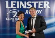 21 April 2012; Leinster's Fionn Carr is presented with the Wagamama Noodler of the Year award by Christine Chung, Operations Manager, Wagamama. Leinster Rugby Awards Ball, Mansion House, Dawson St, Dublin. Picture credit: Brendan Moran / SPORTSFILE