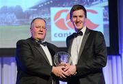 21 April 2012; Joe Glennon, right, captain, Skerries RFC, Dublin, receives the Canterbury Club of the Year award on behalf of his club, from Stuart Bayley, President, Leinster Branch. Leinster Rugby Awards Ball, Mansion House, Dawson St, Dublin. Picture credit: Brendan Moran / SPORTSFILE