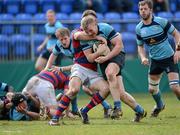 22 April 2012; Conor Harding, NUIM Barnhall, is tackled by Eoin Cremin, Clontarf. 98FM Metropolitan Cup, NUIM Barnhall v Clontarf, Donnybrook Stadium, Donnybrook, Dublin. Picture credit: Matt Browne / SPORTSFILE