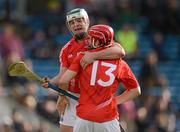 22 April 2012; Luke O'Farrell, Cork, celebrates with team-mate Niall McCarthy, left, after scoring his side's goal. Allianz Hurling League Division 1A Semi-Final, Cork v Tipperary, Semple Stadium, Thurles, Co. Tipperary. Picture credit: Stephen McCarthy / SPORTSFILE