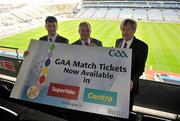 23 April 2012; The GAA has partnered with Tickets.ie and Musgrave Retail Partners Ireland to create Ireland's largest secure ticket sales network. The new partnership will allow GAA supporters to now purchase tickets in advance of fixtures via over 150 SuperValu and Centra stores and Tickets.ie outlets. In attendance at the announcement of GAA's New Ticket Sales Nationwide Network are, from left, John O'Neill, Tickets.ie, Des O'Mahony, Musgrave Retail Partners Ireland, and GAA Ard Stiúrthóir Páraic Duffy. Croke Park, Dublin. Picture credit: Barry Cregg / SPORTSFILE