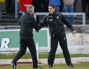 23 April 2012; Derry City manager Declan Devine, right, and Shamrock Rovers manager Stephen Kenny shake hands before the game. Setanta Sports Cup Semi-Final, Second Leg, Derry City v Shamrock Rovers, Brandywell, Derry. Picture credit: Oliver McVeigh / SPORTSFILE