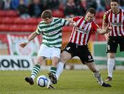 23 April 2012; Ronan Finn, Shamrock Rovers, in action against Barry Molloy, Derry City. Setanta Sports Cup Semi-Final, Second Leg, Derry City v Shamrock Rovers, Brandywell, Derry. Picture credit: Oliver McVeigh / SPORTSFILE