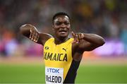 7 August 2017; Omar McLeod of Jamaica celebrates winning the final of the Men's 110m Hurdles event during day four of the 16th IAAF World Athletics Championships at the London Stadium in London, England. Photo by Stephen McCarthy/Sportsfile