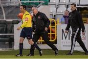 7 August 2017; Cork City manager John Caulfield remonstrates with referee Neil Doyle after being sent to the stands during the EA Sports Cup semi-final match between Shamrock Rovers and Cork City at Tallaght Stadium, in Dublin.  Photo by Piaras Ó Mídheach/Sportsfile