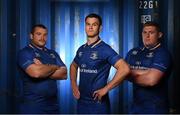 8 August 2017; Leinster players, from left, Jack McGrath, with Jonathan Sexton and Tadhg Furlong as Canterbury has revealed the new Leinster home jersey for the 2017/18 season which is now available for purchase from Canterbury.com and sports retailers countrywide. The new kit marks a return to a classic Leinster blue with a contemporary and functional twist. Photo by Ramsey Cardy/Sportsfile