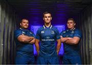 8 August 2017; Leinster players, from left, Jack McGrath, Jonathan Sexton and Tadhg Furlong as Canterbury has revealed the new Leinster home jersey for the 2017/18 season which is now available for purchase from Canterbury.com and sports retailers countrywide. The new kit marks a return to a classic Leinster blue with a contemporary and functional twist. Photo by Ramsey Cardy/Sportsfile
