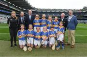 6 August 2017; Cumann na mBunscol President Liam McGee Uachtarán Tofa Chumann Lúthchleas Gael John Horan, Mini-Sevens Coordinator Gerry O'Meara, President of the INTO John Boyle, with the Tipperary team, back row, left to right, Emma Conway, Scoil Mhuire Gan Smál, Lixnaw, Kerry, Sarah Fitzgerald, Crecora NS, Patrickswell, Limerick, Caoimhe Sheehan, Scoil Mhuire, Milford, Cork, Mary Hanrahan, Crusheen NS, Crusheen, Clare, front row, left to right, Eve  Dwyer, Glenbeg, Waterford, Lucy Matthews, St Mary's PS, Aughlisnafin, Down, Clara McDonnell, Mercy Convent National School, Naas, Kildare, Amy O Donnell, St Michael's NS, Clerihan, Tipperary, Sarah Lambe, Lurgybrack NS, Letterkenny, Donegal, and Jessica Massingham, St John Baptist PS, Belfast, Antrim, ahead of the INTO Cumann na mBunscol GAA Respect Exhibition Go Games at Galway v Tipperary - GAA Hurling All-Ireland Senior Championship Semi-Final at Croke Park in Dublin. Photo by Daire Brennan/Sportsfile