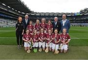 6 August 2017; Uachtarán Tofa Chumann Lúthchleas Gael John Horan, Mini-Sevens Coordinator Gerry O'Meara, President of the INTO John Boyle, with the Galway team, back row, left to right, Aoife Collins, Carnmore NS, Galway, Aoife Ní Drisceoil, Scoil Lorcáin, Baile na Manach, Dublin, Emma Mulhall St Joseph's NS, Jenkinstown, Kilkenny, Réitseal Kelly, New Inn NS, Co Galway, front row, left to right, Kiera Donnelly, St Jarlath’s PS, Blackwatertown, Armagh, Fionnuala Nic Lochlainn, Gaelscoil na Cruaiche, Westport, Mayo, Sophia Bentley, Bayside Senior NS, Dublin, Lisa Kirby, Scoil Tighearnach Naofa, Cullohill, Laois, Tessa Tiernan, Stonepark NS, Longford, Faye Mulrooney, Seir Kieran NS, Clareen, Offaly, ahead of the INTO Cumann na mBunscol GAA Respect Exhibition Go Games at Galway v Tipperary - GAA Hurling All-Ireland Senior Championship Semi-Final at Croke Park in Dublin. Photo by Daire Brennan/Sportsfile