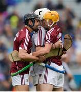 6 August 2017; Galway players, from left, Daniel Loftus, Darach Fahy and Ronan Glennon celebrate after the Electric Ireland GAA Hurling All-Ireland Minor Championship Semi-Final match between Kilkenny and Galway at Croke Park in Dublin. Photo by Piaras Ó Mídheach/Sportsfile