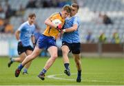 7 August 2017; Ross Phelan of Clare in action against Neil Matthews of Dublin during the Electric Ireland All-Ireland GAA Football Minor Championship Quarter-Final match between Dublin and Clare at O'Moore Park, Portlaoise, in Co. Laois. Photo by Piaras Ó Mídheach/Sportsfile