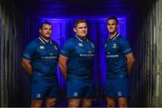 8 August 2017; Leinster players, from left, Jack McGrath, with Tadhg Furlong and Jonathan Sexton as Canterbury has revealed the new Leinster home jersey for the 2017/18 season which is now available for purchase from Canterbury.com and sports retailers countrywide. The new kit marks a return to a classic Leinster blue with a contemporary and functional twist. Photo by Ramsey Cardy/Sportsfile