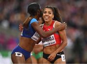 8 August 2017; Mujinga Kambundji of Switzerland, right, and Kimberlyn Duncan of the USA following their round one heat of the Women's 200m event during day five of the 16th IAAF World Athletics Championships at the London Stadium in London, England. Photo by Stephen McCarthy/Sportsfile