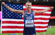 8 August 2017; Evan Jager of the USA celebrates finishing third in the final of the Men's 3000m Steeplechase event during day five of the 16th IAAF World Athletics Championships at the London Stadium in London, England. Photo by Stephen McCarthy/Sportsfile