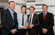 16 April 2012; Paddy Stapleton accepting the Irish Daily Mail Hurling Future Champions 2012 award on behalf of Conor McGrath, UL, from Irish Daily Mail GAA columnist Liam Hayes, left, Joe Callaghan, sports editor Irish Daily Mail, and, right, Chairman Comhairle Ardoideachais Ray O'Brien. Irish Daily Mail Future Champions Awards 2012, Croke Park, Dublin. Photo by Sportsfile