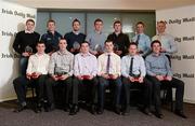 16 April 2012; Irish Daily Mail Hurling Future Champions 2012 award recipients. Front row, from left, William Egan, UCC, Stephen McDonnell, CIT, Darren McCarthy, UCC, Paddy Stapleton, UL, Eoin Ryan, LIT, and Sean Curran, Mary Immaculate. Back row, from left, Shane Bourke, UCC, Lorcan McLoughlin, CIT, Stephen Moylan, UCC, Pauric Mahoney, UCC, Stephen Maher, UCC, Jamie Coughlan, CIT, and Stephen White, CIT. Irish Daily Mail Future Champions Awards 2012, Croke Park, Dublin. Photo by Sportsfile
