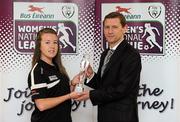 25 April 2012; Rebecca Creagh, Raheny United, is presented with her Bus Éireann Women’s National League Player of the Month for April 2012 by Andrew Mclindom, PR Manager with Bus Eireann. FAI Headquarters, Abbotstown, Dublin. Picture credit: Matt Browne / SPORTSFILE