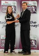 25 April 2012; Rebecca Creagh, Raheny United, is presented with her Bus Éireann Women’s National League Player of the Month for April 2012 by Andrew Mclindom, PR Manager with Bus Eireann. FAI Headquarters, Abbotstown, Dublin. Picture credit: Matt Browne / SPORTSFILE