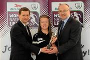 25 April 2012; Rebecca Creagh, Raheny United, is presented with her Bus Éireann Women’s National League Player of the Month for April 2012 by Andrew Mclindom, PR Manager with Bus Eireann, left, and Fran Gavin, League Director. FAI Headquarters, Abbotstown, Dublin. Picture credit: Matt Browne / SPORTSFILE