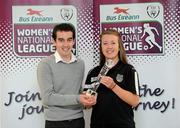25 April 2012; Rebecca Creagh, Raheny United, with her Bus Éireann Women’s National League Player of the Month for April 2012 and her team manager Ger McDermott. FAI Headquarters, Abbotstown, Dublin. Picture credit: Matt Browne / SPORTSFILE