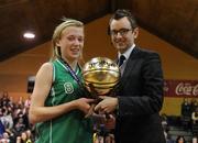 26 January 2012; Kelly Diggin, St. Angela's College, is presented with the player of the match award by Shane Whelan, Basketball Ireland Communications Manager. All-Ireland Schools Cup U19A Girls Final, St. Angela's College, Cork v Colaiste Iosagain, Dublin, National Basketball Arena, Tallaght, Dublin. Picture credit: Brian Lawless / SPORTSFILE