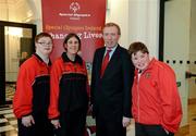 25 April 2012; Special Olympics athletes Mark Claffey, left, Elizabeth Mair, of the Blackrock Flyers, and Killian Moran, Dundalk Special Olympics, with Clare T.D. Timmy Dooley ahead of Special Olympics Ireland’s annual collection day which will take place across Ireland on Friday April 27th. This is the biggest annual fundraising event in aid of Special Olympics Ireland and will see more than 4,000 volunteers take to the streets in over 200 locations throughout Ireland on the day. Government Buildings, Upper Merrion Street, Dublin. Picture credit: Ray McManus / SPORTSFILE