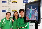 26 April 2012; In attendance at the announcement that Allianz will sponsor Setanta Sports' coverage of the 2012 Paralympic Games in London are, from left, athletes Padraic Moran, Orla Barry and Darragh McDonald. Irishtown Stadium, Irishtown, Dublin. Picture credit: Brendan Moran / SPORTSFILE