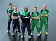 26 April 2012; In attendance at the launch of the new O'Neills Irish cricket kit are Ireland cricket coach Phil Simmons, centre, with players, from left to right, Max Sorensen, John Mooney, Kevin O'Brien and Trent Johnston. Elverys Sports, Dundrum Town Centre, Dublin. Picture credit: Matt Browne / SPORTSFILE