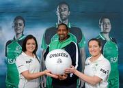 26 April 2012; In attendance at the launch of the new O'Neills Irish cricket kit are Ireland cricket coach Phil Simmons with Irish Internationals Emma Flanagan, left, and Isobel Joyce. Elverys Sports, Dundrum Town Centre, Dublin. Picture credit: Matt Browne / SPORTSFILE