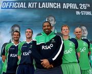 26 April 2012; In attendance at the launch of the new O'Neills Irish cricket kit are Ireland cricket coach Phil Simmons, centre, with players, from left, Max Sorensen, John Mooney, Kevin O'Brien and Trent Johnston. Elverys Sports, Dundrum Town Centre, Dublin. Picture credit: Matt Browne / SPORTSFILE