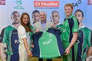 26 April 2012; In attendance at the launch of the new O'Neills Irish cricket kit are Cormac Farrell, from O'Neills Sports, with Irish internationals Elena Tice and Kevin O'Brien. Elverys Sports, Dundrum Town Centre, Dublin. Picture credit: Matt Browne / SPORTSFILE