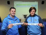 26 April 2012; In attendance at the Féile na nGael 2012 Division 1 hurling draw are Dublin hurling goalkeeper Alan Nolan who drew out St Brigids and Dublin camogie goalkeeper Stephanie Carthy who drew out Wexford. Féile na nGael 2012 Draw, Parnell Park, Dublin. Picture credit: Matt Browne / SPORTSFILE