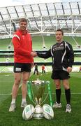 27 April 2012; Ulster captain Johann Muller, left, and Edinburgh captain Greig Laidlaw during a Heineken Cup photocall ahead of their side's Heineken Cup Semi-Final on Saturday. Ulster / Edinburgh Heineken Cup Photocall, Aviva Stadium, Lansdowne Road, Dublin. Picture credit: Oliver McVeigh / SPORTSFILE