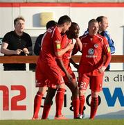 27 April 2012; Sligo Rovers' Joseph Ndo, centre, celebrates with team-mates Ross Gaynor, left, and Danny North after St Patrick's Athletic's Kenny Brown scored an own goal. Airtricity League Premier Division, Sligo Rovers v St Patrick's Athletic, The Showgrounds, Sligo. Picture credit: David Maher / SPORTSFILE