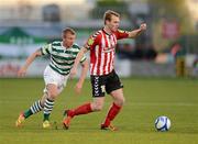 27 April 2012; Matthew Crossan, Derry City, in action against Daryl Kavanagh, Shamrock Rovers. Airtricity League Premier Division, Shamrock Rovers v Derry City, Tallaght Stadium Tallaght, Co. Dublin. Picture credit: Stephen McCarthy / SPORTSFILE