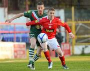 27 April 2012; Philip Gorman, Shelbourne, in action against Kalen Spillane, Cork City. Airtricity League Premier Division, Shelbourne v Cork City, Tolka Park, Dublin. Picture credit: Brian Lawless / SPORTSFILE