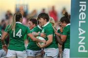 9 August 2017; Ciara Griffin, centre, of Ireland celebrates after scoring her sides second try during the 2017 Women's Rugby World Cup Pool C match between Ireland and Australia at the UCD Bowl in Belfield, Dublin. Photo by Eóin Noonan/Sportsfile