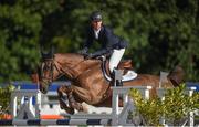 9 August 2017; Tim Wilks of Great Britain competes on Kay during the Inter 3 - International 7 & 8 Year Olds  at the Dublin Horse Show at the RDS in Ballsbridge, Dublin. Photo by Cody Glenn/Sportsfile