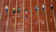 9 August 2017; Athletes, from left, Jan Volko of Slovakia, Yohan Blake of Jamaica, Sydney Siama of Zambia, Jereem Richards of Trinidad & Tobago, Kyree King of the USA, Zharnel Hughes of Great Britain and Alex Wilson of Switzerland during their semi-final of the Men's 200m event during day six of the 16th IAAF World Athletics Championships at the London Stadium in London, England. Photo by Stephen McCarthy/Sportsfile