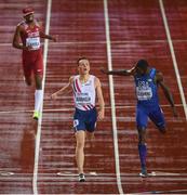 9 August 2017; Karsten Warholm of Norway crosses the line to win the final of the Men's 400m Hurdles event during day six of the 16th IAAF World Athletics Championships at the London Stadium in London, England. Photo by Stephen McCarthy/Sportsfile