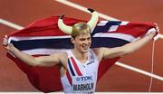 9 August 2017; Karsten Warholm of Norway celebrates winning the final of the Men's 400m Hurdles event during day six of the 16th IAAF World Athletics Championships at the London Stadium in London, England. Photo by Stephen McCarthy/Sportsfile